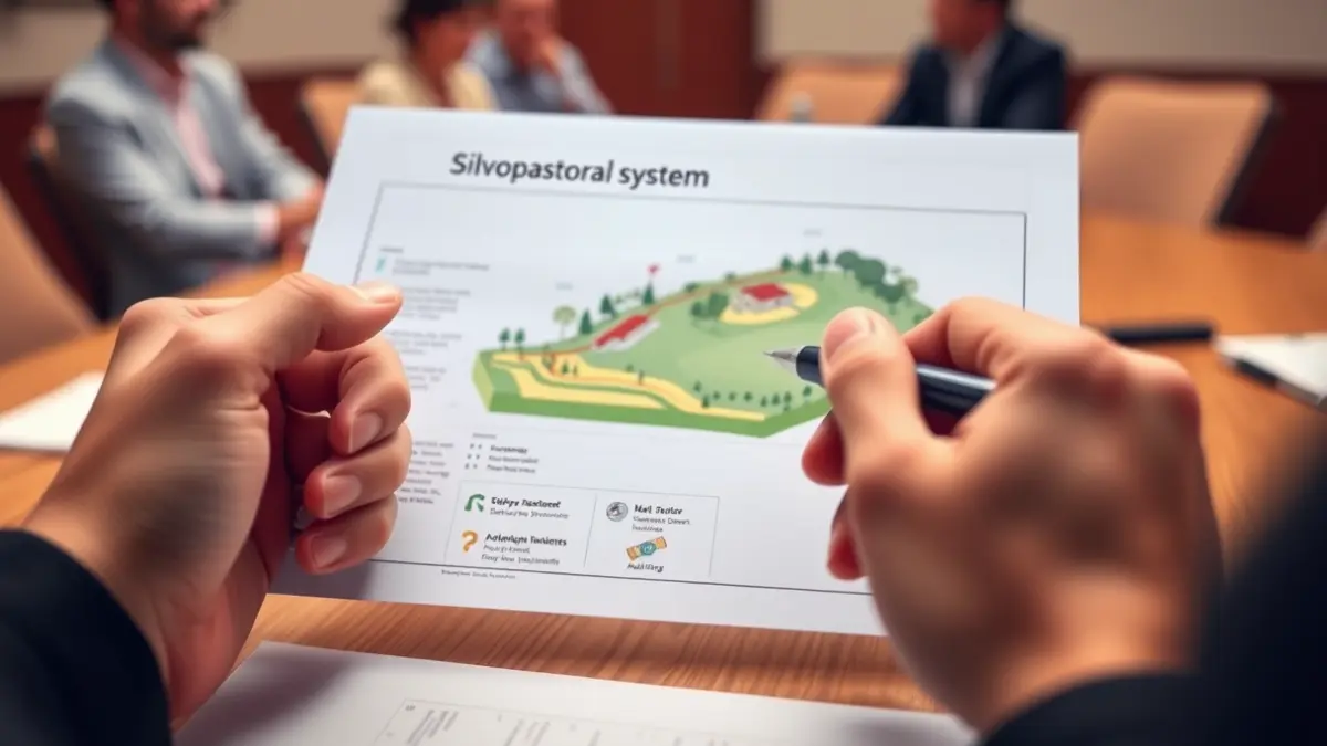 Imagen de una mano señalando un diagrama de un sistema silvopastoril en una reunión.