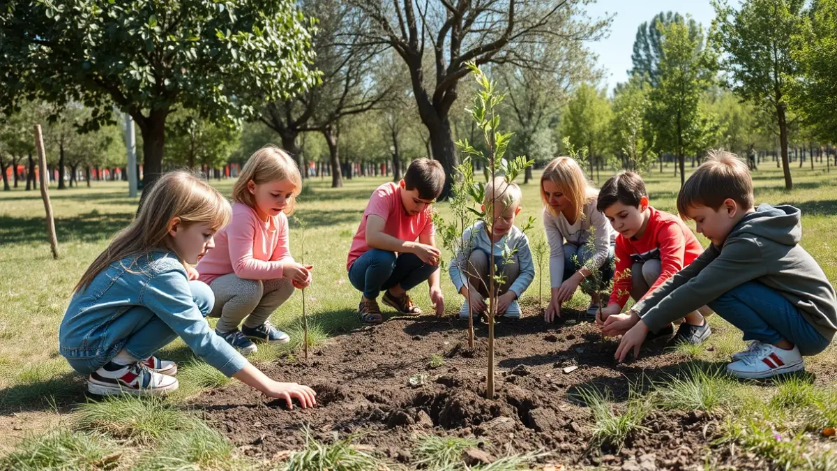 Image of children and families planting trees in a park in Redueña.