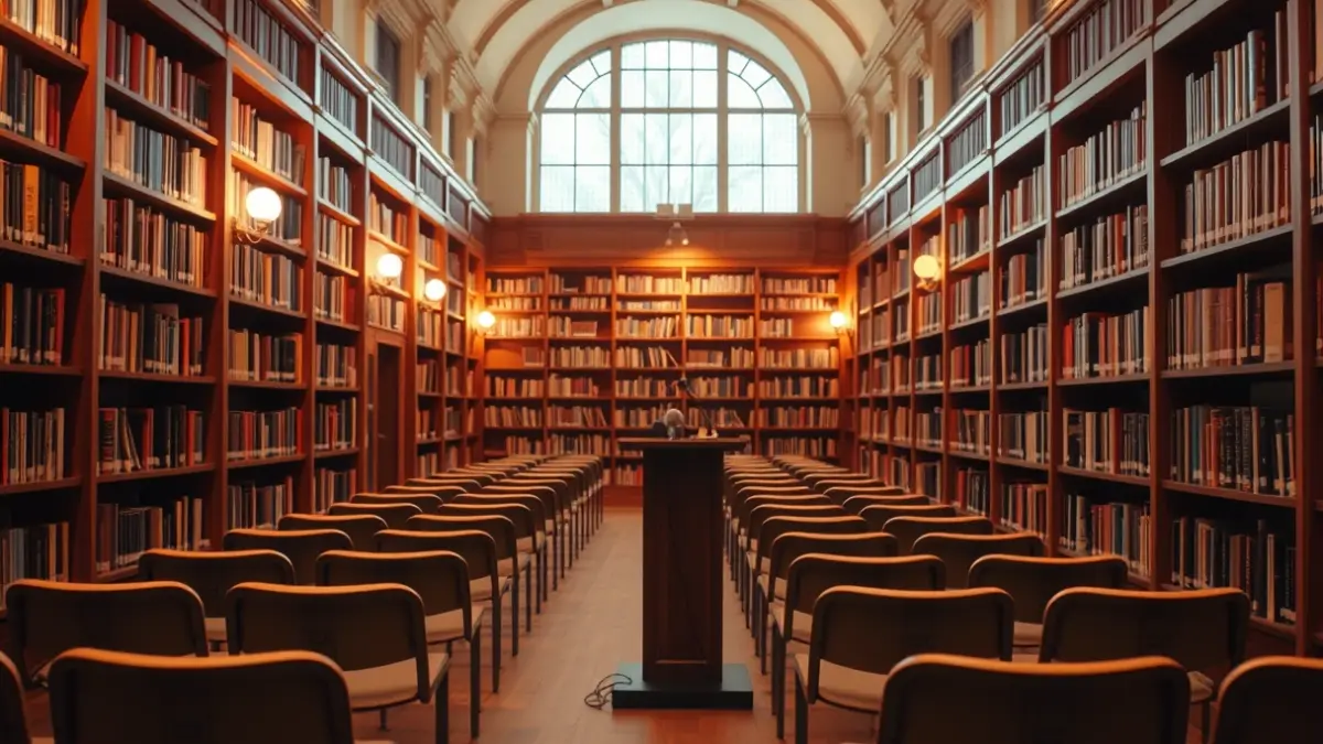 Generic image of a library interior with wooden bookshelves and a cozy atmosphere.