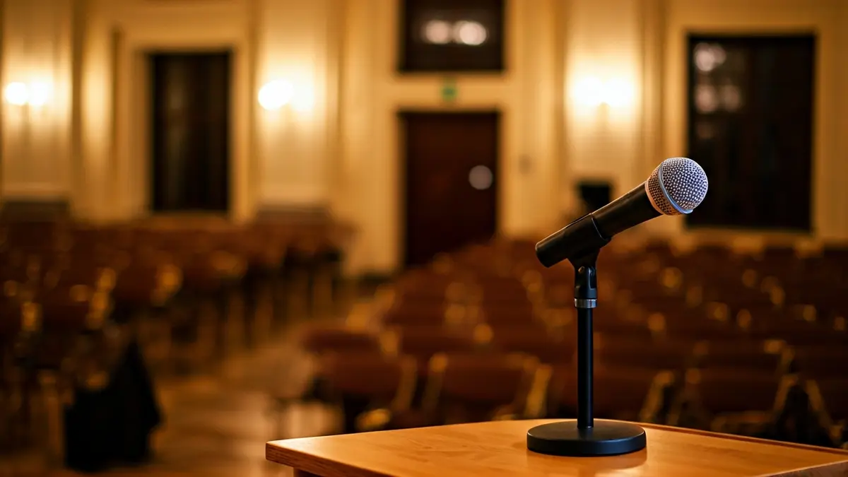 Generic image of a microphone on a podium, symbolizing a conference or talk.