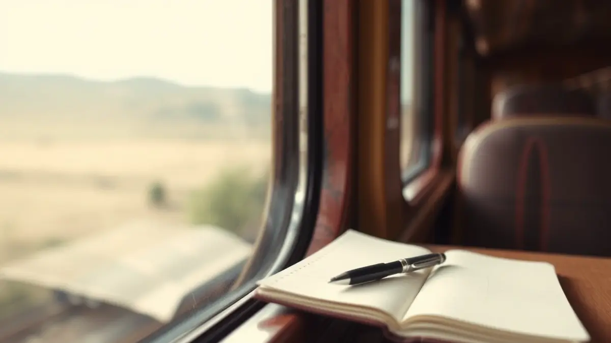 Generic image of a notebook and pen by a moving train window, evoking writing and travel.