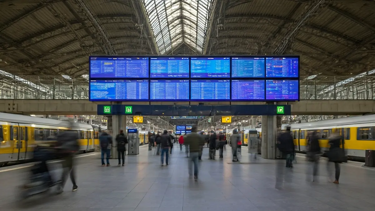 Modern train station interior with real-time information screens.