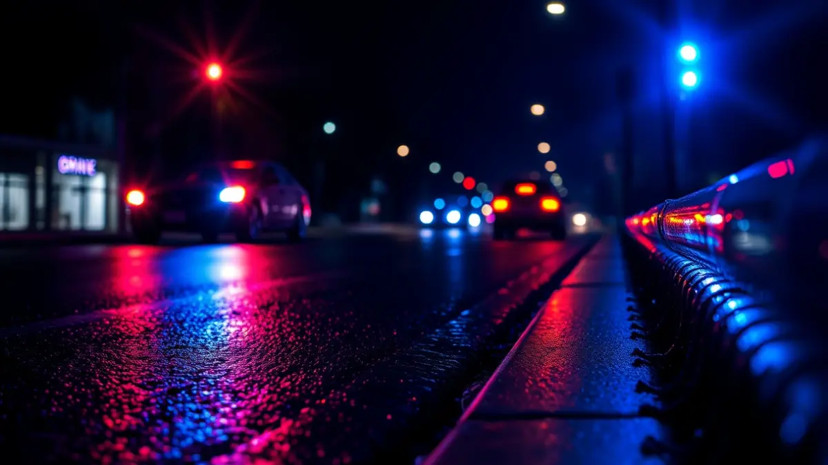 Imagen genérica de luces de emergencia reflejadas en asfalto mojado, simbolizando una alteración en el transporte.