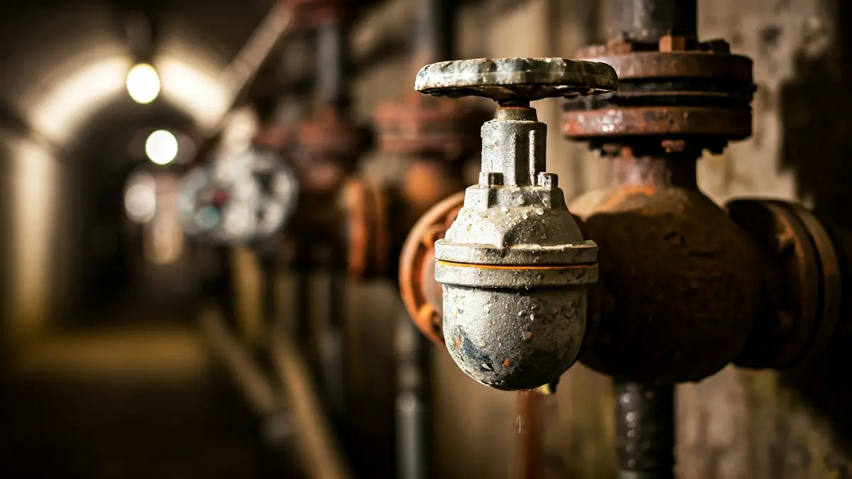 Image of an old water valve on a pipe, with water drops.
