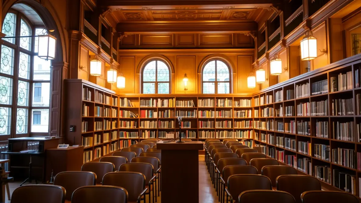 Generic image of a cultural space or theater with a microphone on a podium.