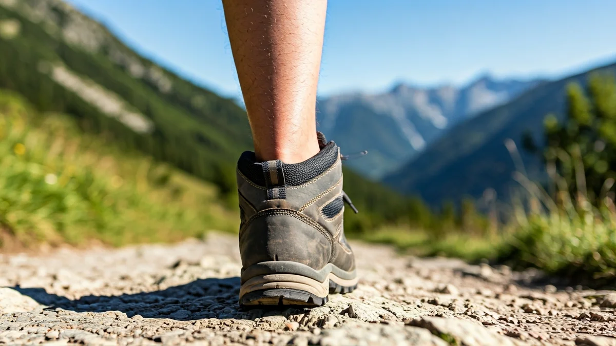Generic image of a hiking boot on a rocky mountain trail.