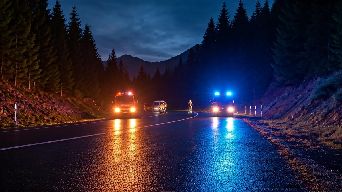 Generic image of emergency lights in a mountainous area at night.