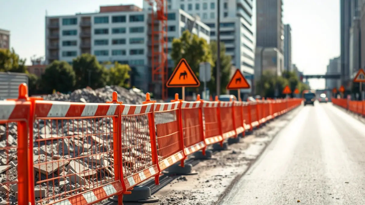 Image of a construction area with debris and temporary traffic signs.