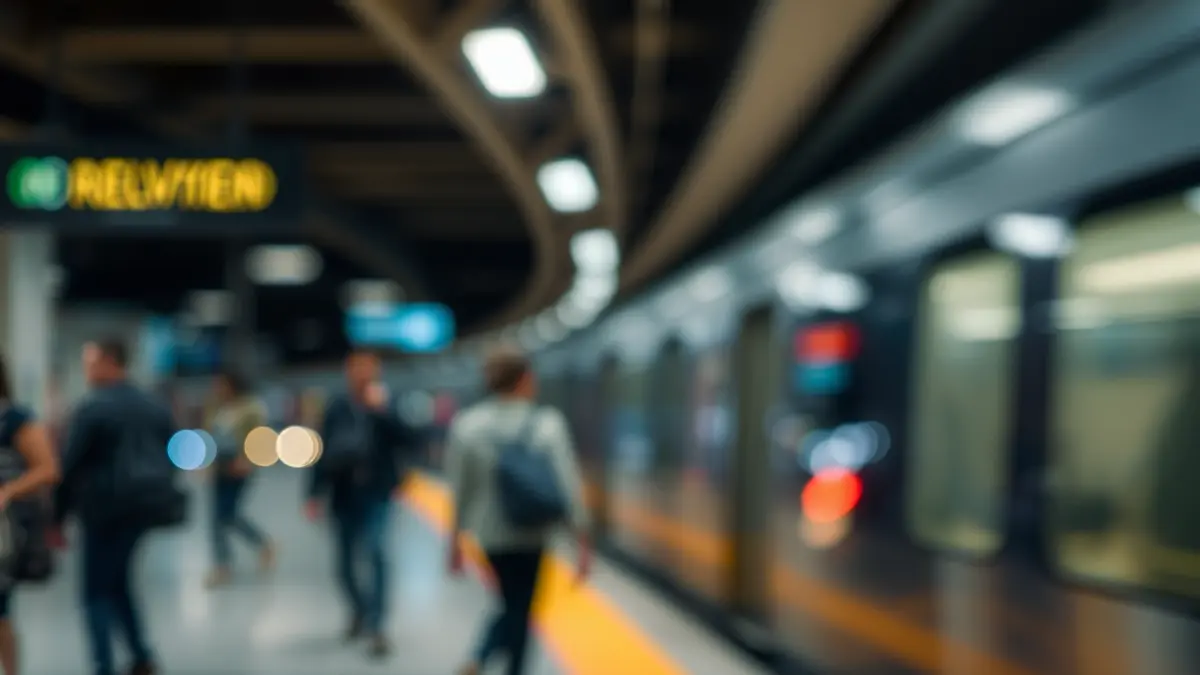 Imagen genérica de una estación de tren con luces borrosas y movimiento, sugiriendo retrasos.