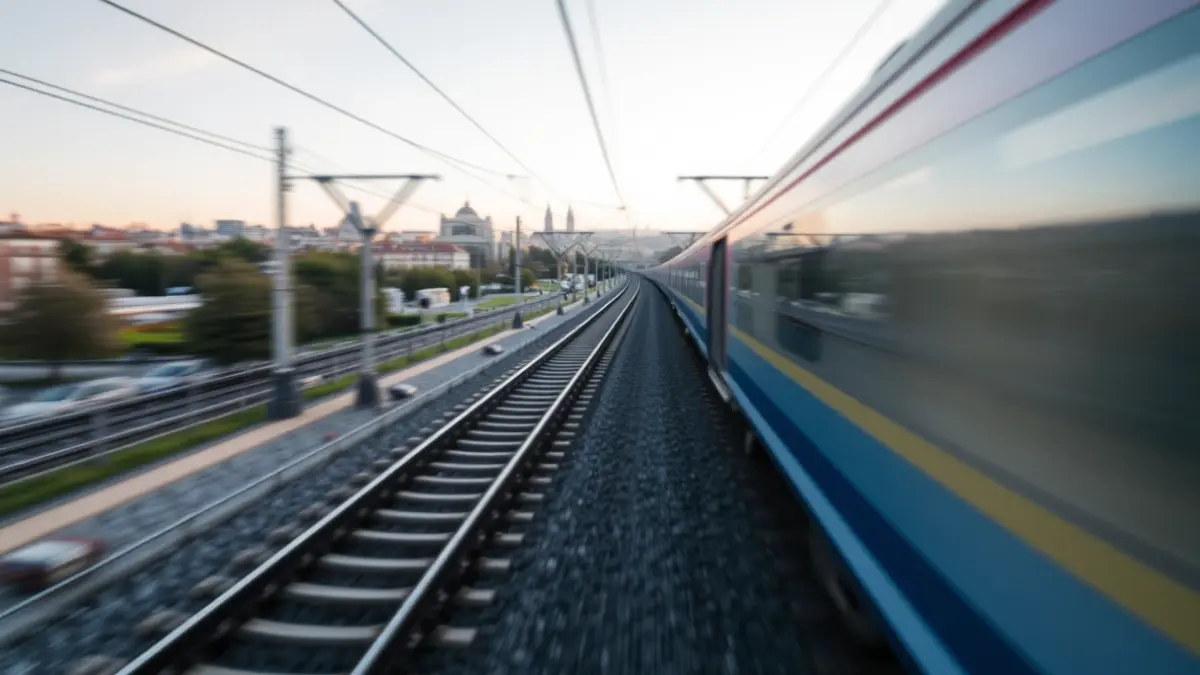 Imagen genérica de vías de tren de alta velocidad con un tren en movimiento.