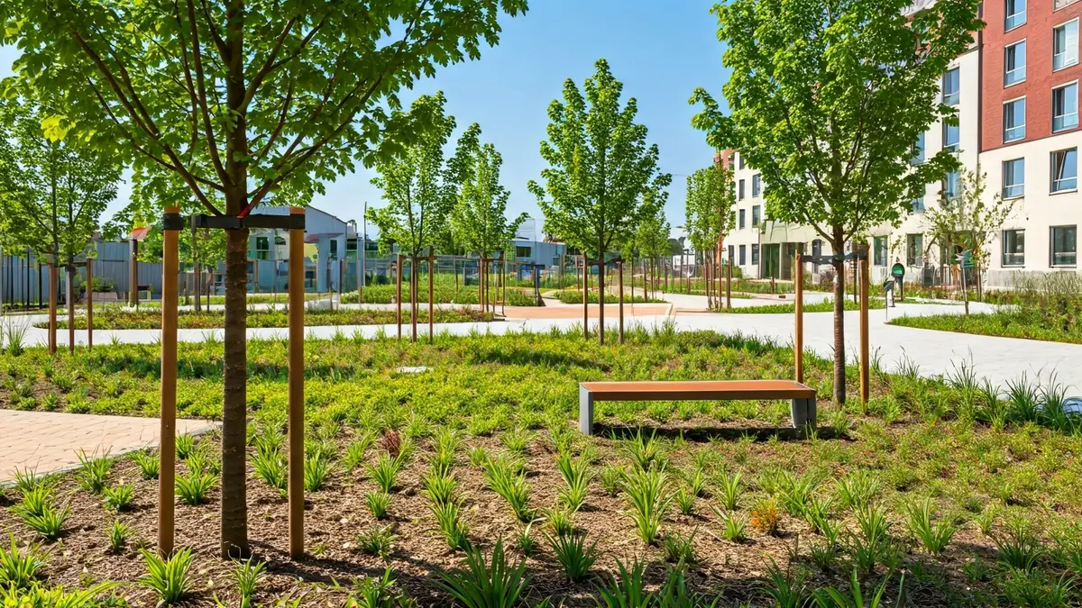 Image of a renaturalized school entrance with greenery and urban furniture.