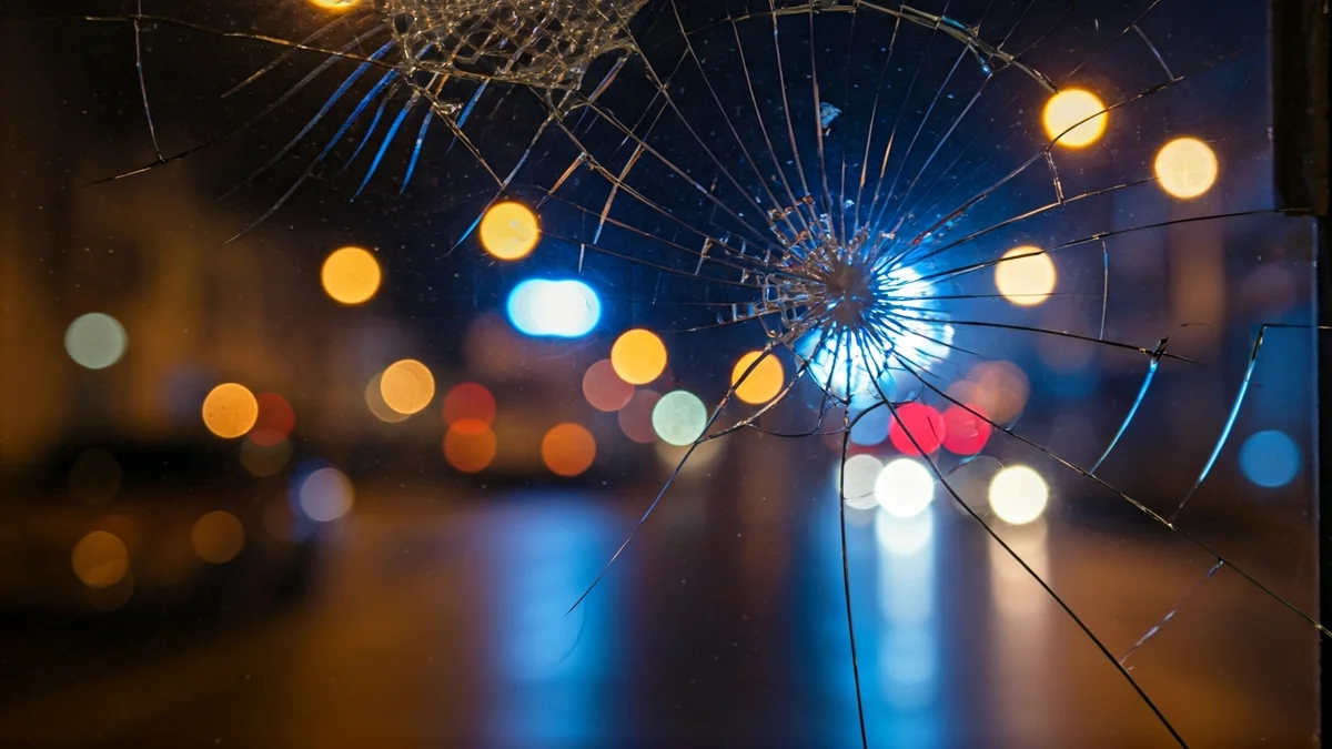 Cristales rotos de una ventana con luces de emergencia reflejadas