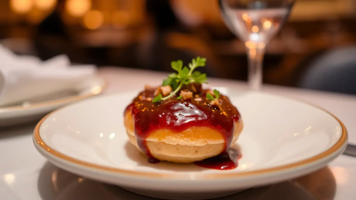 Imagen de la tapa 'Rock & Callos', una berlina salada frita con salsa oscura y almendras.
