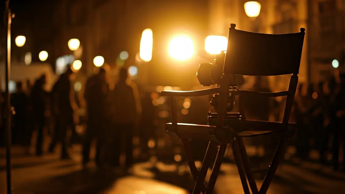 Generic image of a film set in a city, with blurred lights and equipment.