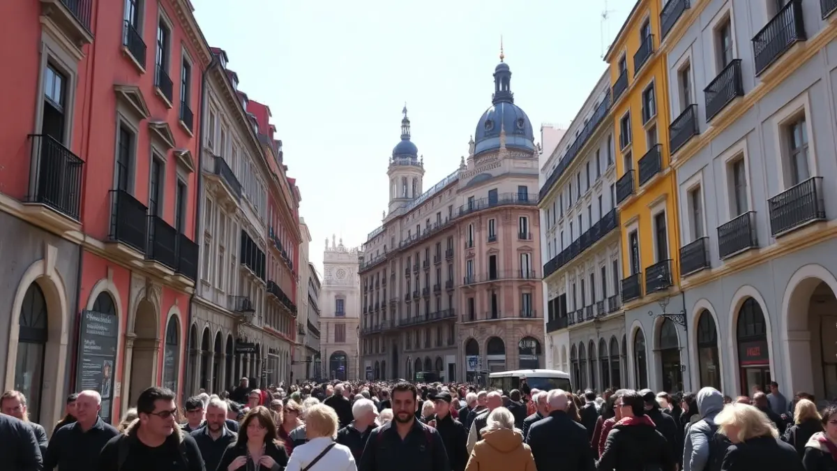 Imagen de personas caminando por una calle histórica de Madrid, con edificios antiguos de fondo.