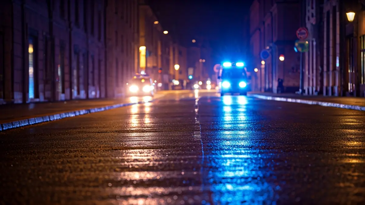 Generic image of emergency lights reflecting on wet asphalt.