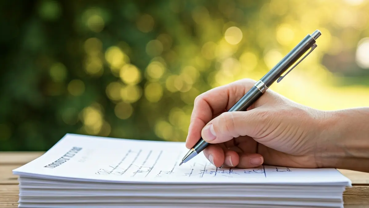 Image of a hand signing a petition, with an old garden in the background.