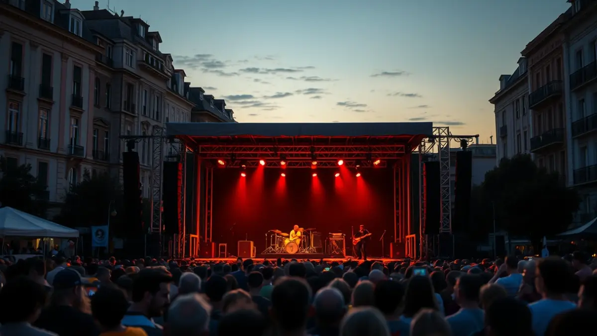 Generic image of an outdoor concert stage at dusk.