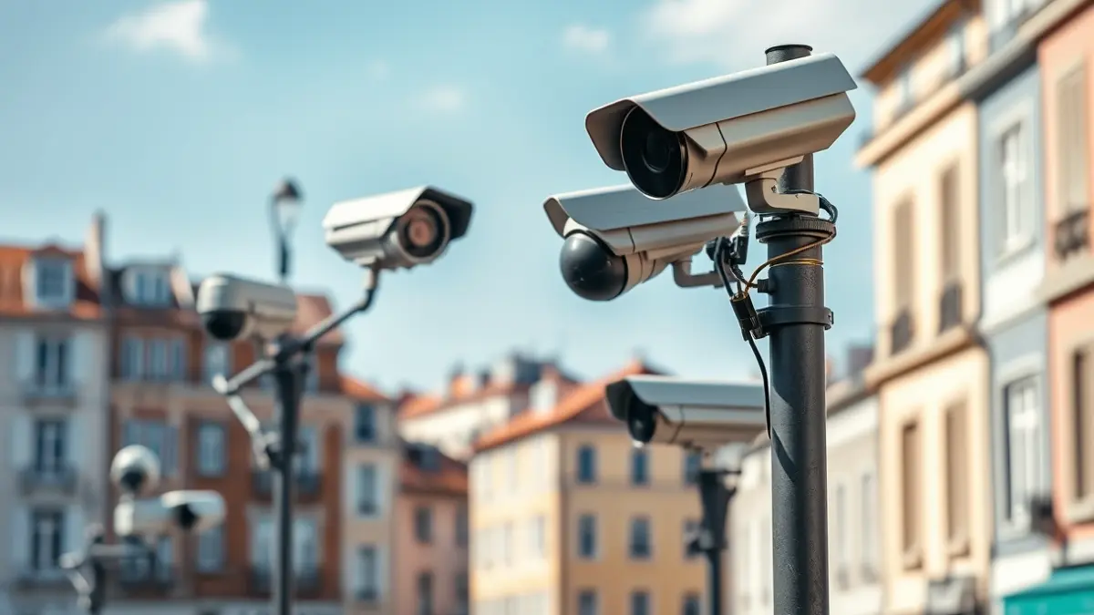 Generic image of video surveillance cameras in an urban setting.