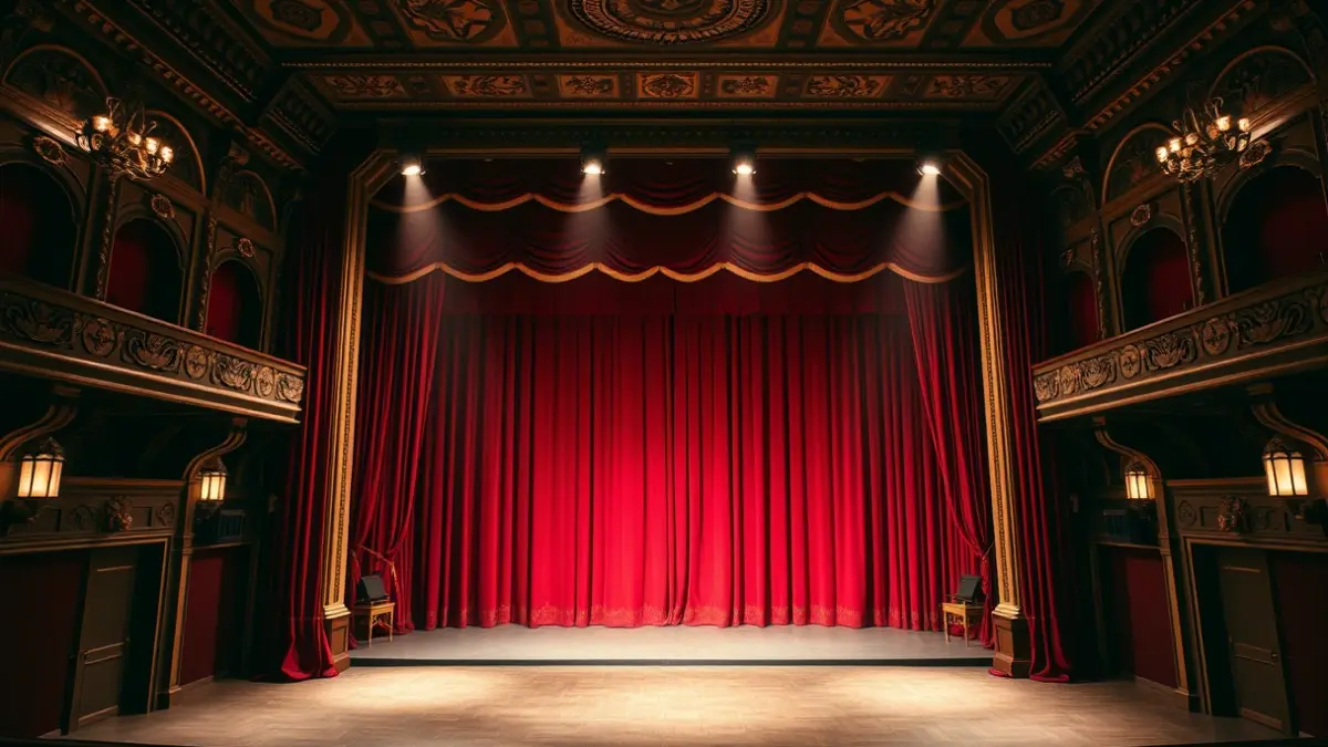 Imagen genérica de un escenario de teatro con cortinas de terciopelo rojo y focos.