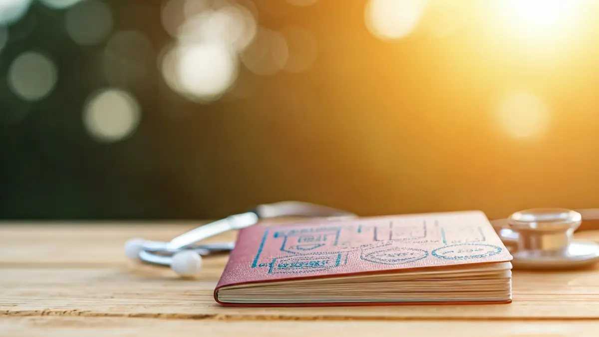 Imagen genérica de un pasaporte de salud con sellos, un estetoscopio y un fondo borroso de una feria de salud comunitaria.