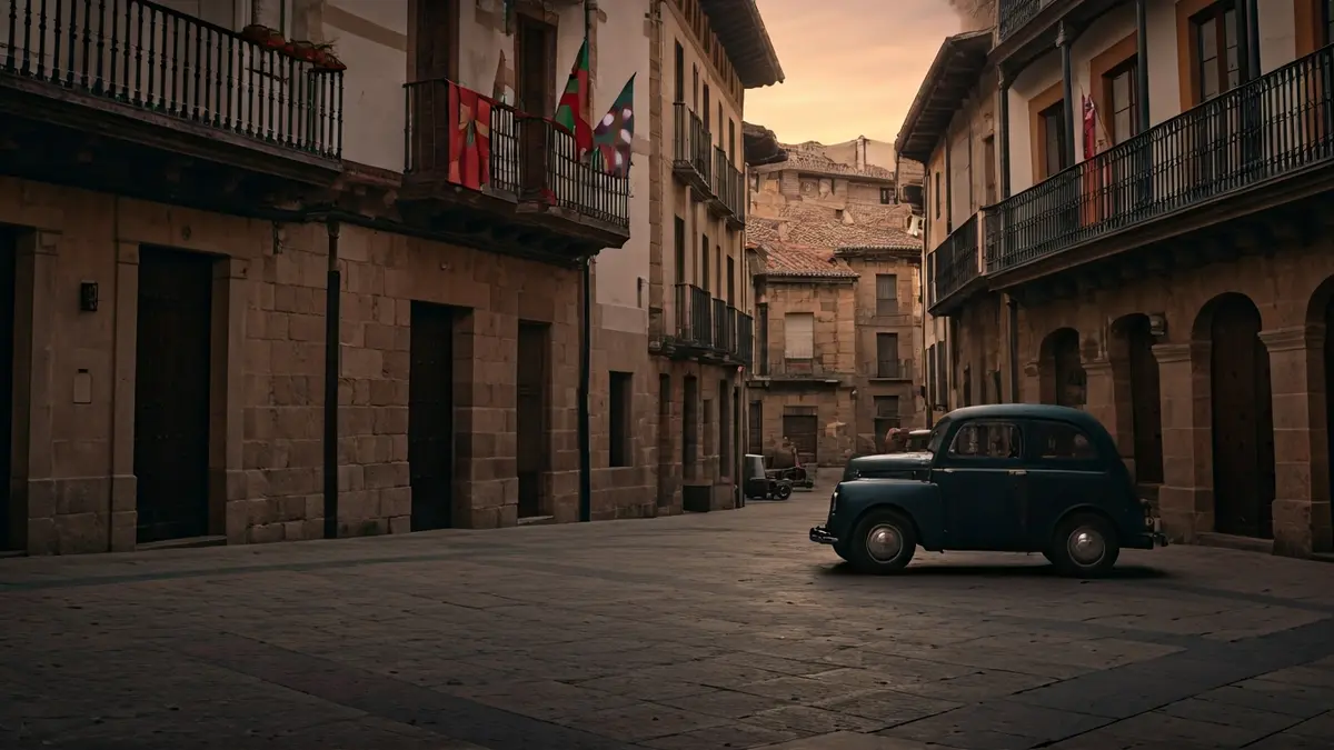 Rodaje de una serie internacional en San Lorenzo de El Escorial, con banderas vascas y elementos decorativos que simulan San Sebastián.