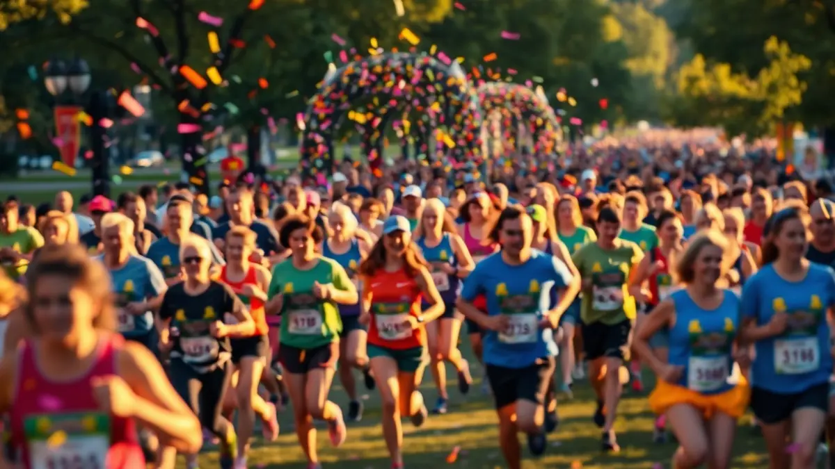Imagen genérica de una carrera popular solidaria en un parque al atardecer.