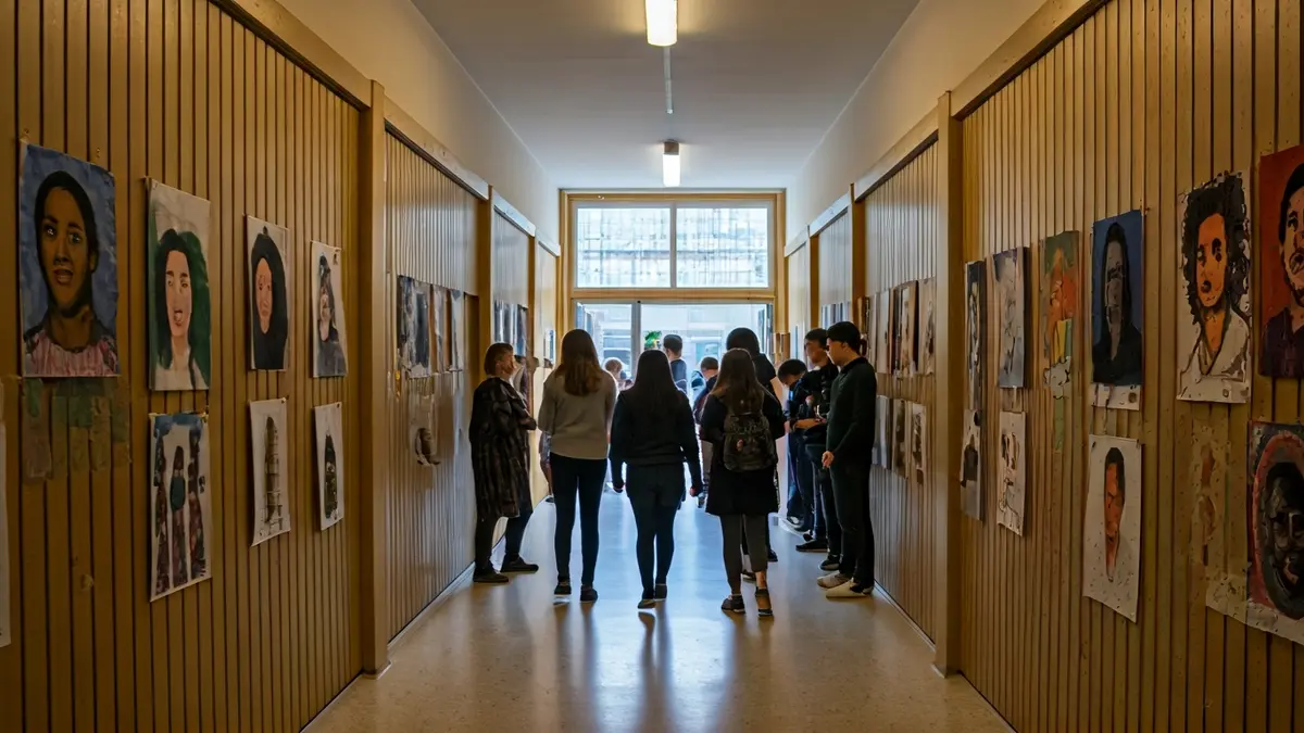 Institute lobby decorated with artistic student portraits, reflecting diversity and inclusion.