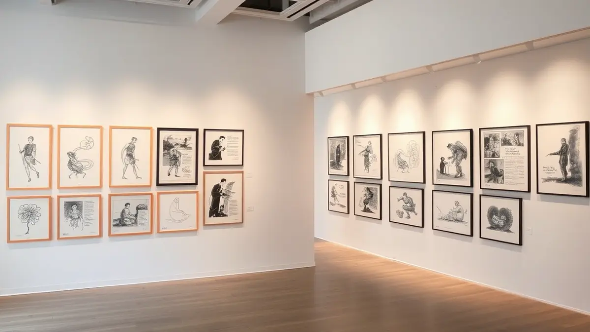 Dibujos originales de Eduardo Arroyo expuestos en una galería de arte.