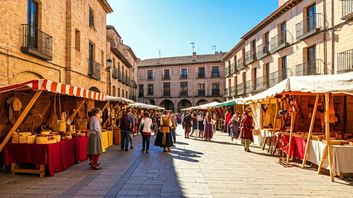 Renaissance market in San Sebastián de los Reyes with stalls and people in period costumes.