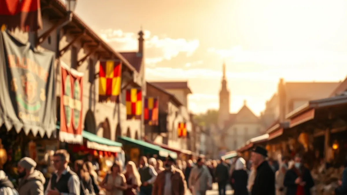 Imagen genérica de un mercado renacentista con puestos y gente.
