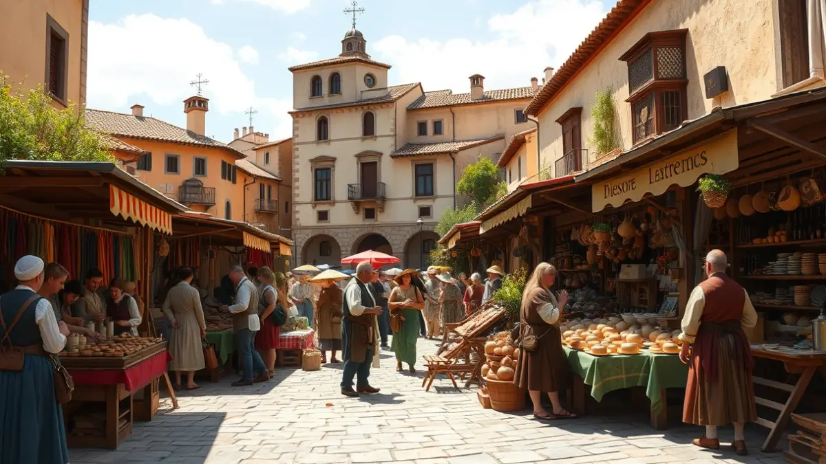 Image of a Renaissance market with artisans and shows.