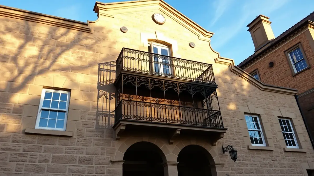 Fachada de un ayuntamiento de piedra con balcón ornamentado bajo la luz del sol.