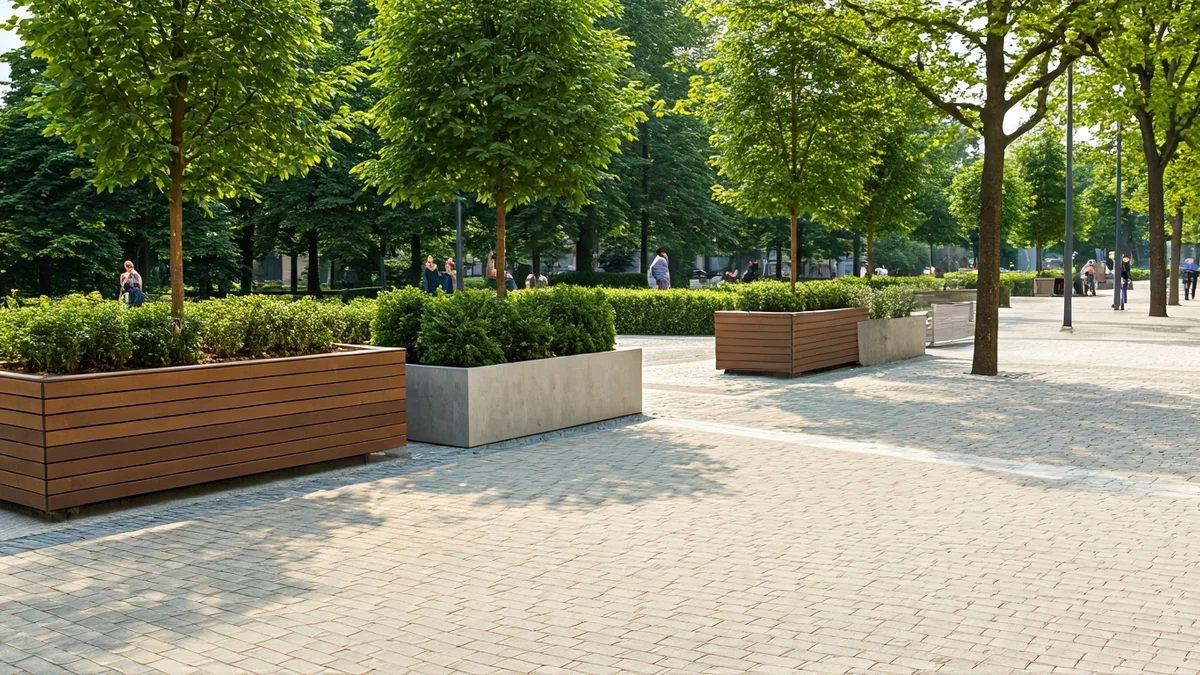 Paseo renovado en San Sebastián de los Reyes con adoquín permeable y mobiliario urbano moderno.