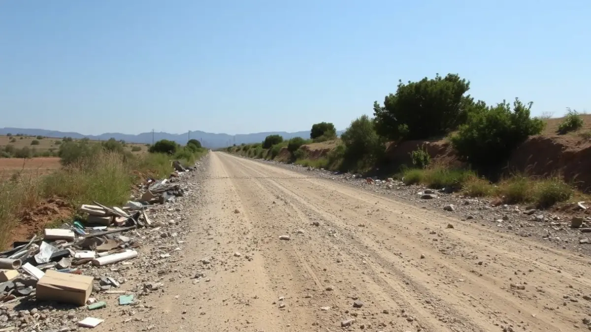 Image of a rural road with illegal waste, symbolizing the problem of dumping.