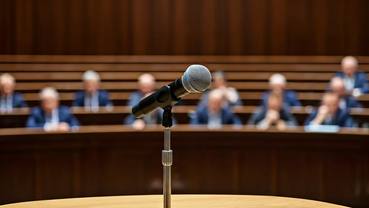 Imagen genérica de un micrófono en un podio en un salón de actos, simbolizando un debate político.