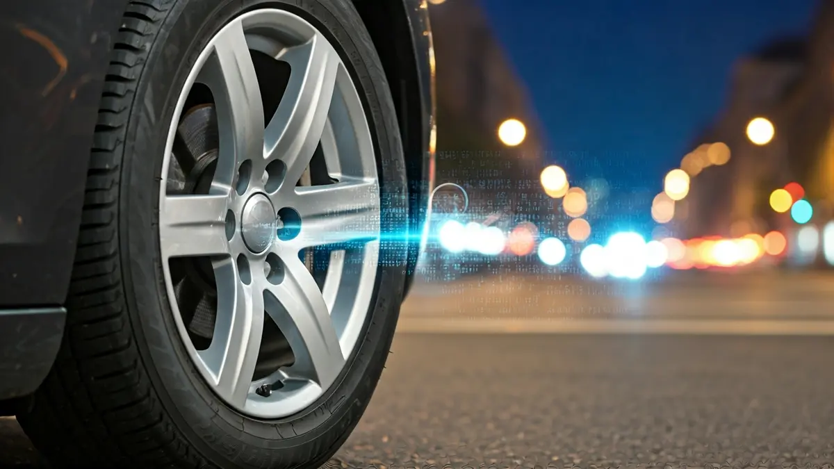 Imagen genérica de un sensor de neumático de coche, con un fondo urbano difuminado.