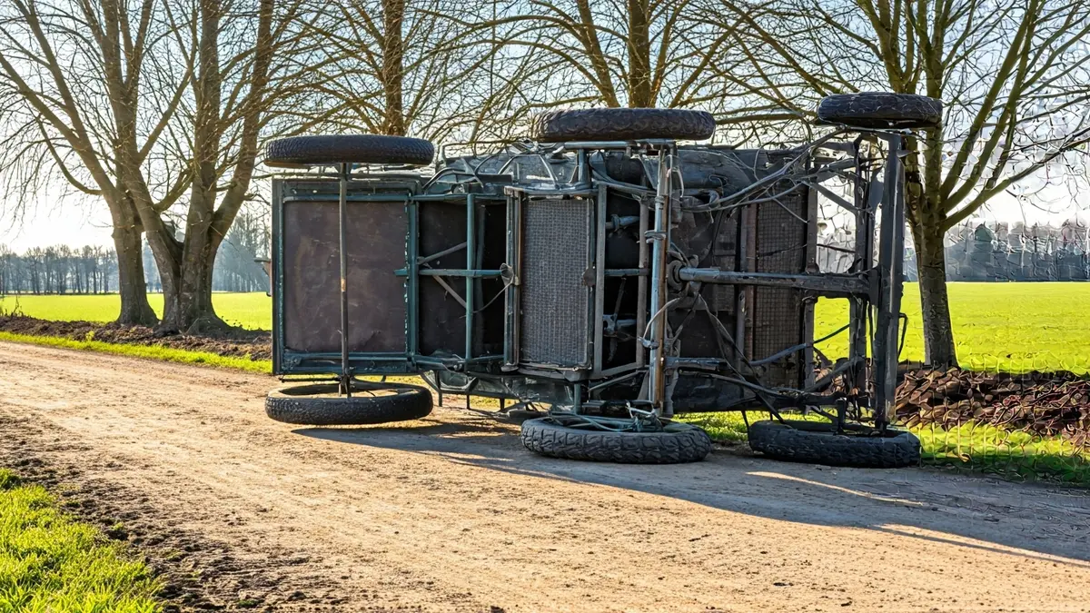 Coche de caballos volcado en un camino de tierra.