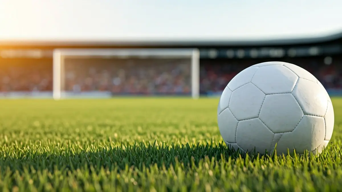 Generic image of a soccer ball on grass, with a blurred goal in the background.