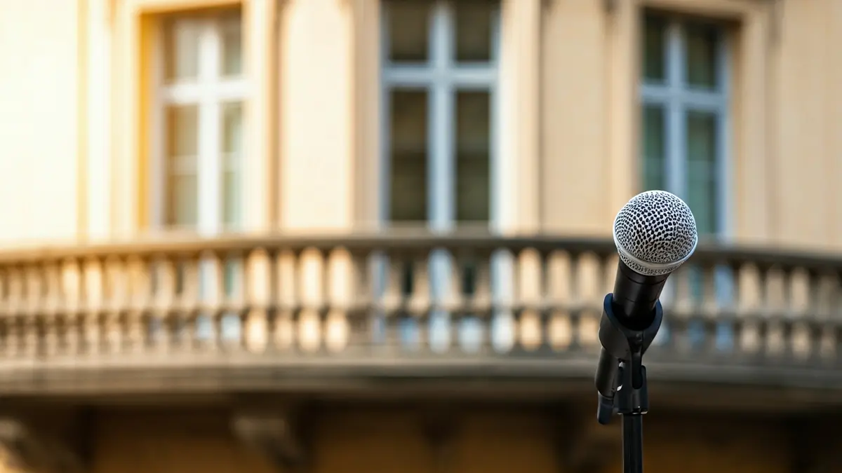 Imagen genérica de un micrófono en un podio, con un balcón y fachada de piedra de fondo.