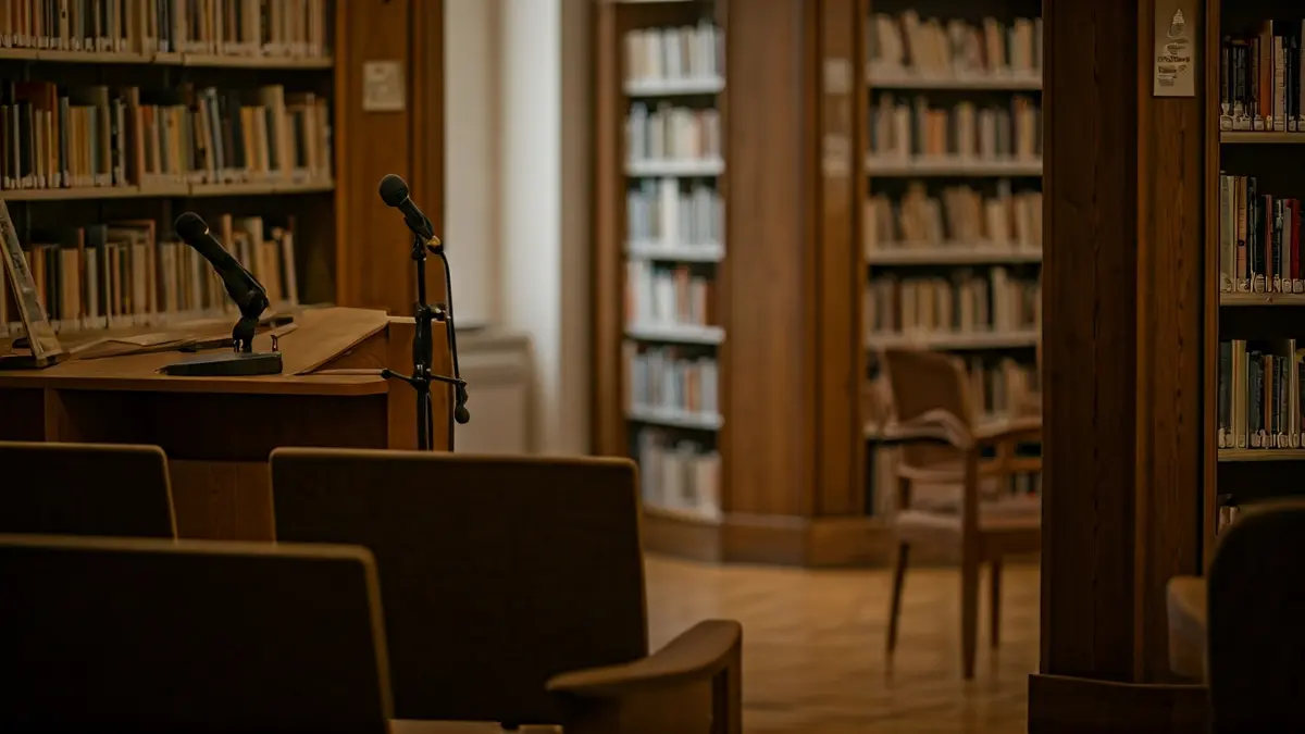Generic image of a library with wooden bookshelves and a podium with a microphone.