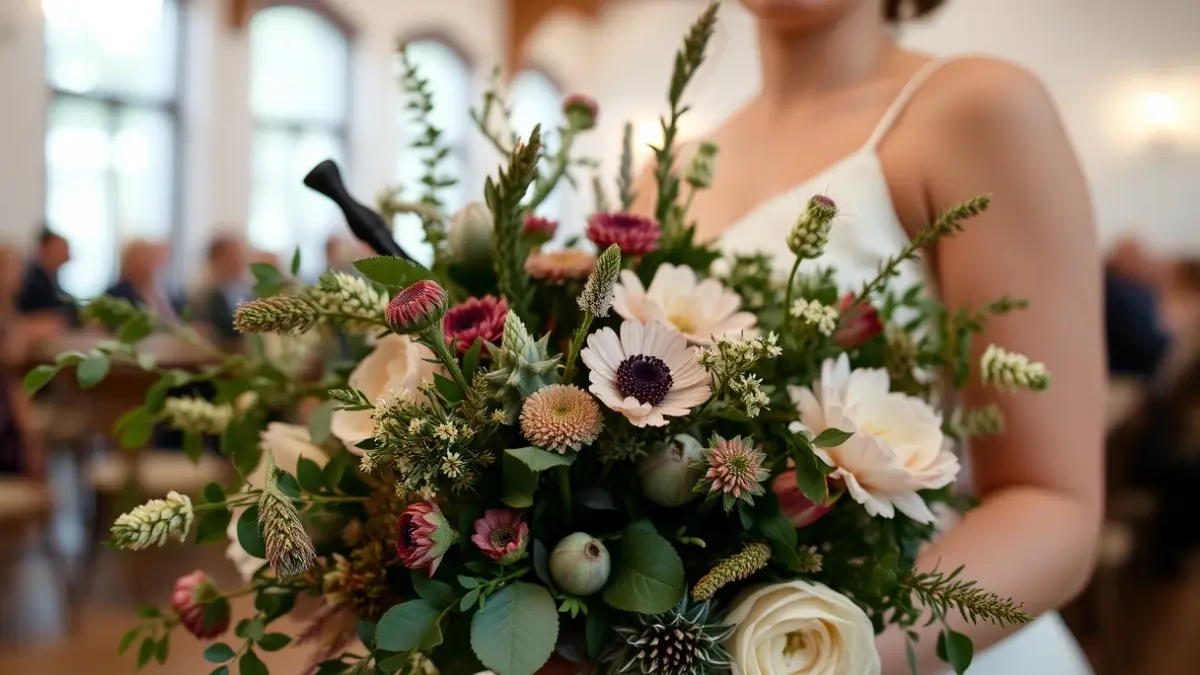 Generic image of a wild bridal bouquet with natural flowers and green foliage.