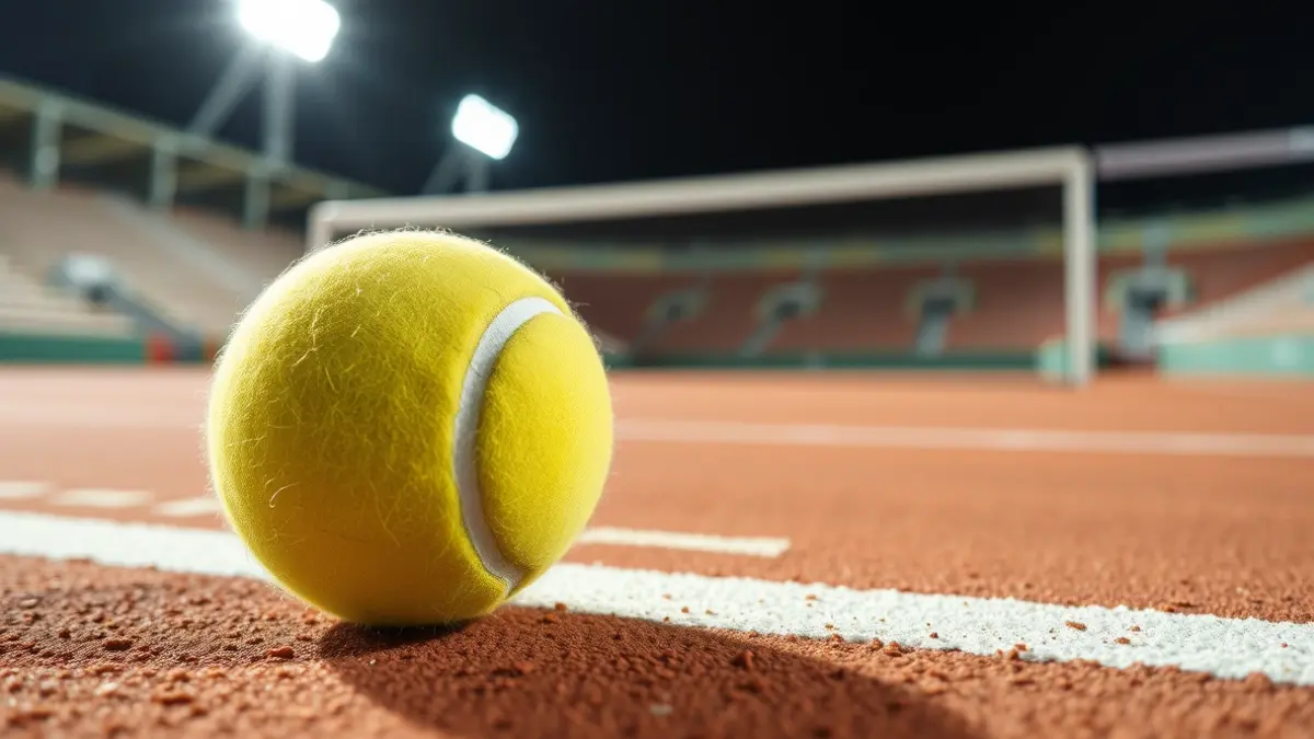 Generic image of a tennis ball on a clay court.
