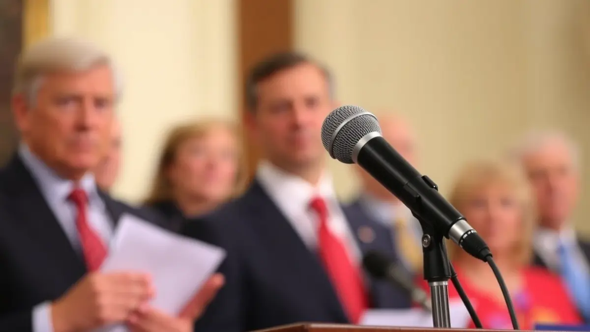Generic image of a microphone on a lectern, symbolizing a political debate or public statement.