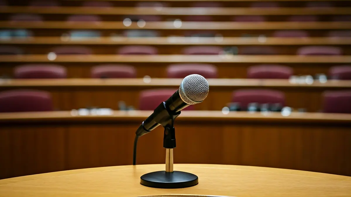Generic image of a microphone on a podium in an assembly hall, symbolizing political debate.
