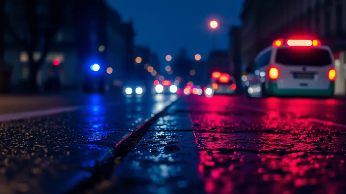 Generic image of emergency lights reflected on wet asphalt.
