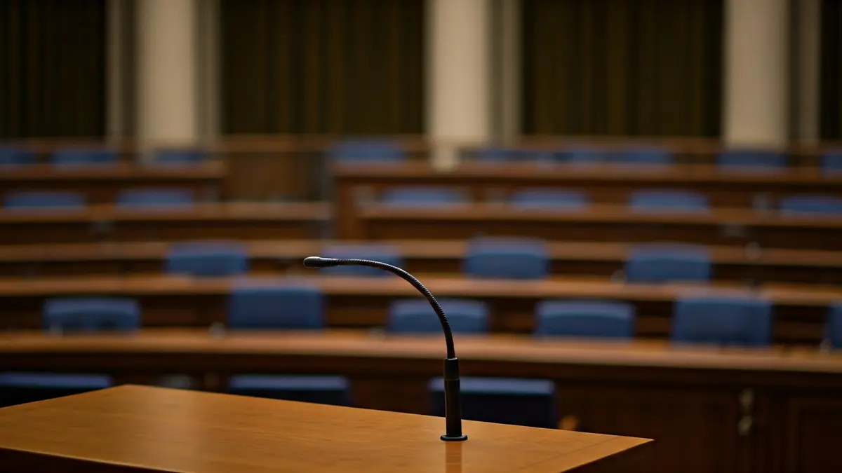 Generic image of a microphone on a podium in an empty meeting room, symbolizing political negotiations.