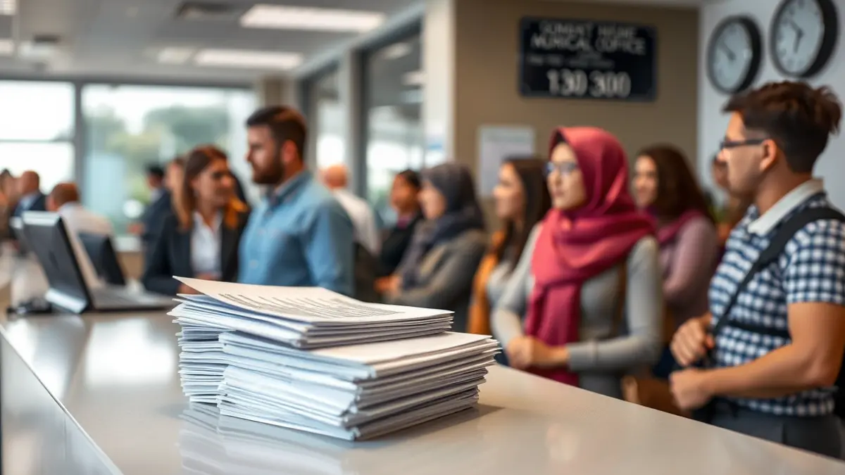Generic image of a municipal office with people waiting and paperwork.