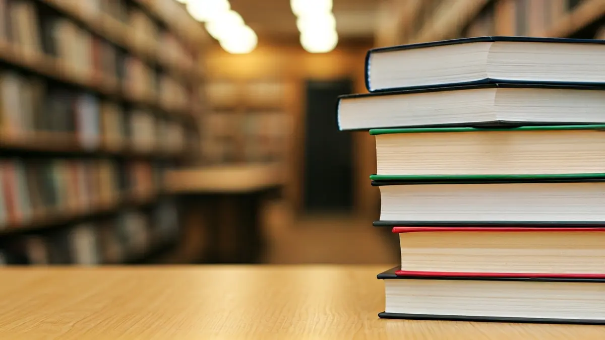 Imagen genérica de libros apilados en una mesa de madera, con un fondo de biblioteca borroso.