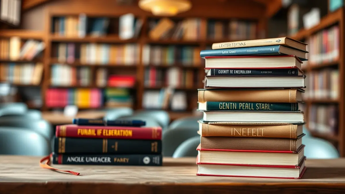 Generic image of books stacked on a table, with a blurred library or classroom background.